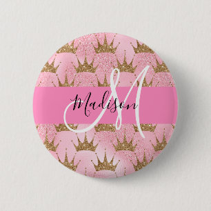 Glam Pink & Gold Glitzer Glitzern Kronen Monogramm Button