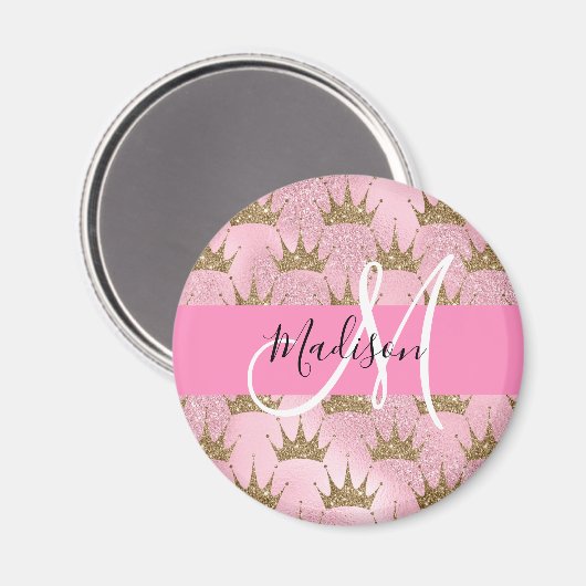 Glam Pink & Gold Glitzer Glitzern Kronen Monogramm Magnet (Vorderseite/Rückseite)
