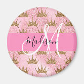 Glam Pink & Gold Glitzer Glitzern Kronen Monogramm Magnet (Vorne)