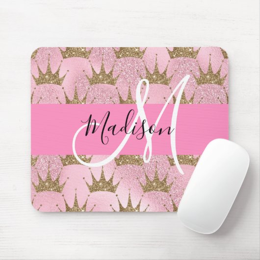 Glam Pink & Gold Glitzer Glitzern Kronen Monogramm Mousepad (Mit Mouse)