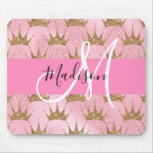 Glam Pink & Gold Glitzer Glitzern Kronen Monogramm Mousepad (Vorne)