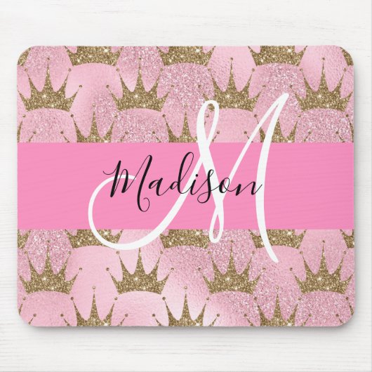 Glam Pink & Gold Glitzer Glitzern Kronen Monogramm Mousepad (Vorne)