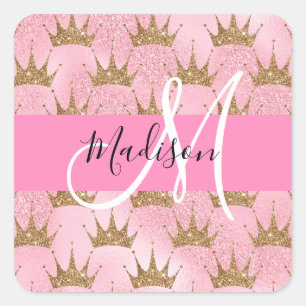 Glam Pink & Gold Glitzer Glitzern Kronen Monogramm Quadratischer Aufkleber