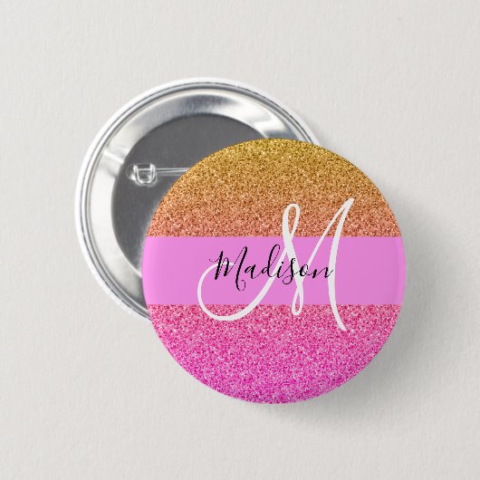 Glam Pink & Gold Glitzer Sparkle Gradient Monogram Button (Vorne & Hinten)