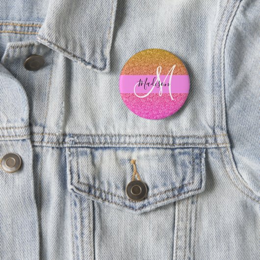 Glam Pink & Gold Glitzer Sparkle Gradient Monogram Button (Beispiel)