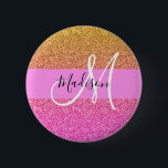 Glam Pink & Gold Glitzer Sparkle Gradient Monogram Button<br><div class="desc">Glitzer-Glitzern mit mittlerem Farbverlauf monogramm Name und Anfangstaste. Individuelle Name und Monogramm sind in einem handgeschriebenen,  eleganten Skript mit rosa Hintergrund geschrieben. Ein perfektes Geburtstag- oder Weihnachtsgeschenk!</div>