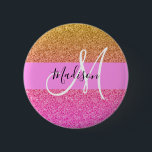 Glam Pink & Gold Glitzer Sparkle Gradient Monogram Button<br><div class="desc">Glitzer-Glitzern mit mittlerem Farbverlauf monogramm Name und Anfangstaste. Individuelle Name und Monogramm sind in einem handgeschriebenen,  eleganten Skript mit rosa Hintergrund geschrieben. Ein perfektes Geburtstag- oder Weihnachtsgeschenk!</div>