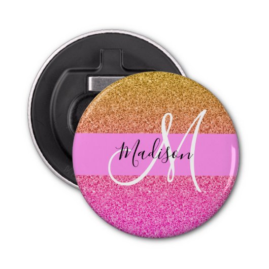 Glam Pink & Gold Glitzer Sparkle Gradient Monogram Flaschenöffner (Vorderseite)