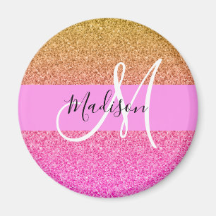 Glam Pink & Gold Glitzer Sparkle Gradient Monogram Magnet