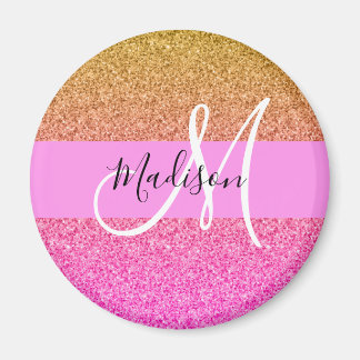 Glam Pink & Gold Glitzer Sparkle Gradient Monogram Magnet