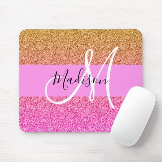 Glam Pink & Gold Glitzer Sparkle Gradient Monogram Mousepad (Mit Mouse)