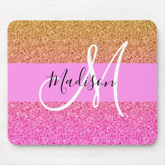 Glam Pink & Gold Glitzer Sparkle Gradient Monogram Mousepad (Vorne)