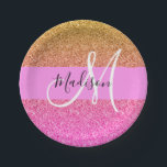 Glam Pink & Gold Glitzer Sparkle Gradient Monogram Pappteller<br><div class="desc">Glitzer-Glitzern mit mittlerem Farbverlauf Monogramm und erste Papierplatte. Individuelle Name und Monogramm sind in einem handgeschriebenen,  eleganten Skript mit rosa Hintergrund geschrieben.</div>