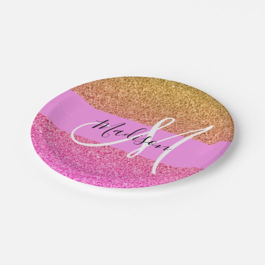 Glam Pink & Gold Glitzer Sparkle Gradient Monogram Pappteller (Schrägansicht)