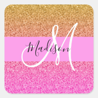 Glam Pink & Gold Glitzer Sparkle Gradient Monogram Quadratischer Aufkleber
