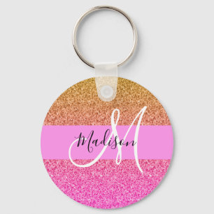 Glam Pink & Gold Glitzer Sparkle Gradient Monogram Schlüsselanhänger