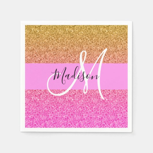 Glam Pink & Gold Glitzer Sparkle Gradient Monogram Serviette (Vorderseite)