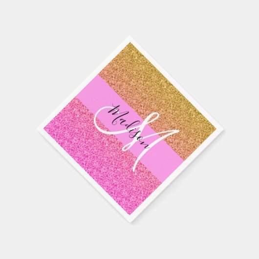 Glam Pink & Gold Glitzer Sparkle Gradient Monogram Serviette (Ecke)