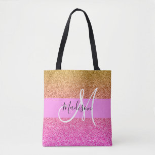 Glam Pink & Gold Glitzer Sparkle Gradient Monogram Tasche
