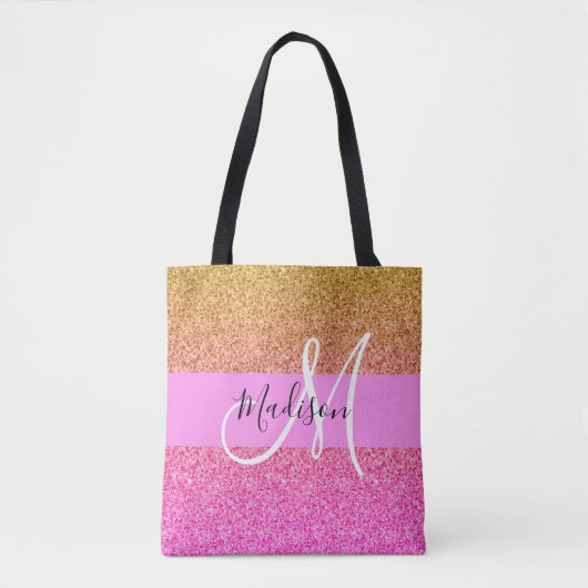Glam Pink & Gold Glitzer Sparkle Gradient Monogram Tasche (Vorderseite)