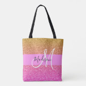 Glam Pink & Gold Glitzer Sparkle Gradient Monogram Tasche (Rückseite)