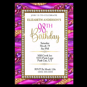 Glam Pink Gold Juwelen Strata 98. Geburtstag Einladung