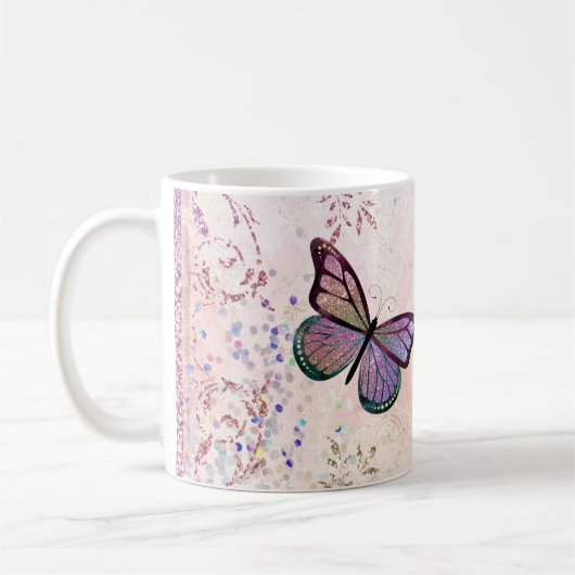 Glam Pink Gold Lila Schmetterlinge Kaffeetasse (Links)