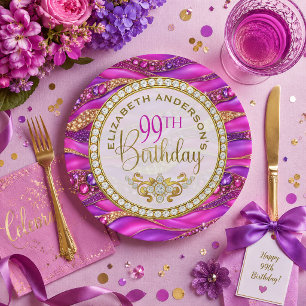 Glam Pink Gold Verzierte Strata 99. Geburtstag Pappteller