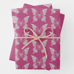 Glam Pink Imitats Diamonds Butterfly and Heart Geschenkpapier Set