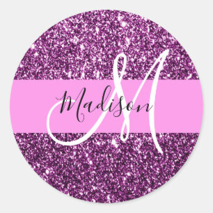 Glam Pink & Lila Glitzer Glitzern Monogramm Name Runder Aufkleber