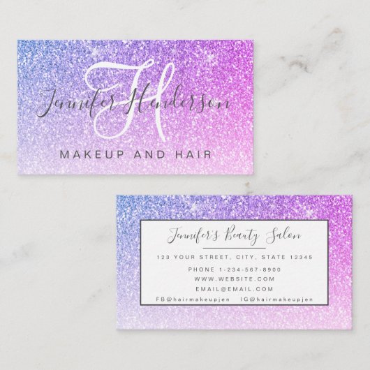 Glam Pink Lila Glitzer Makeup Artist Friseur Salon Visitenkarte (Vorne/Hinten)