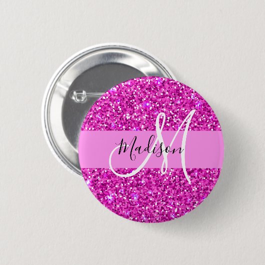 Glam Pink & Magenta Glitzer Sparkle Monogram Name Button (Vorne & Hinten)