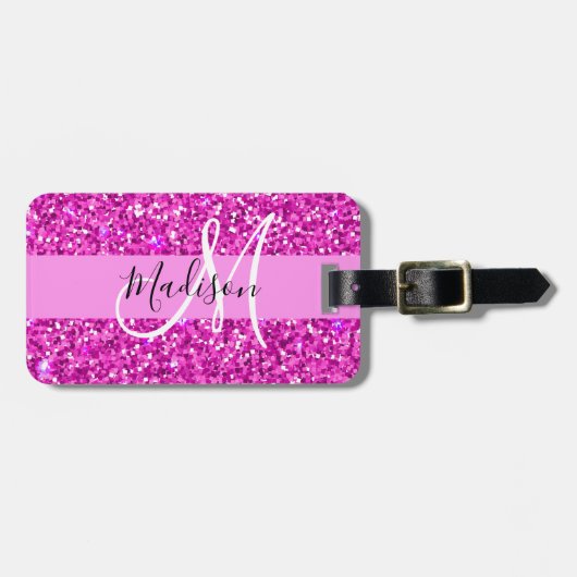 Glam Pink & Magenta Glitzer Sparkle Monogram Name Gepäckanhänger (Vorderseite horizontal)