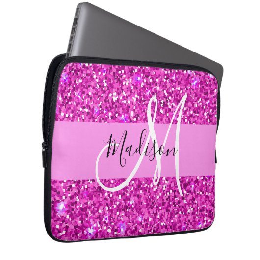 Glam Pink & Magenta Glitzer Sparkle Monogram Name Laptopschutzhülle (Vorne Rechts)