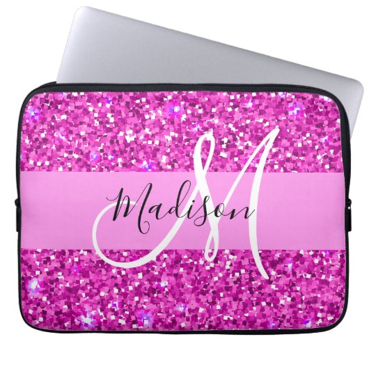 Glam Pink & Magenta Glitzer Sparkle Monogram Name Laptopschutzhülle (Vorderseite)