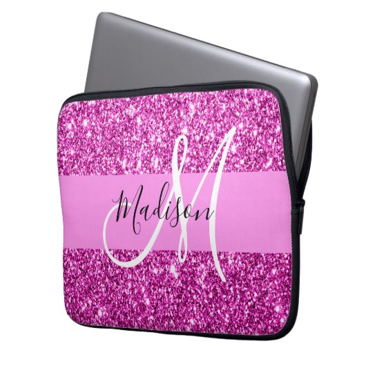 Glam Pink & Magenta Glitzer Sparkle Monogram Name Laptopschutzhülle (Vorderseite Links)