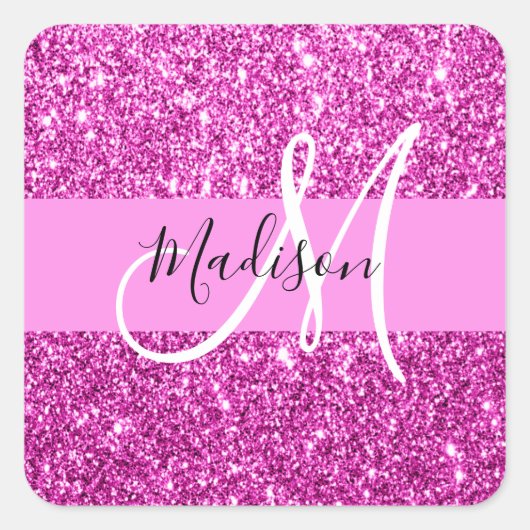 Glam Pink & Magenta Glitzer Sparkle Monogram Name Quadratischer Aufkleber (Vorderseite)