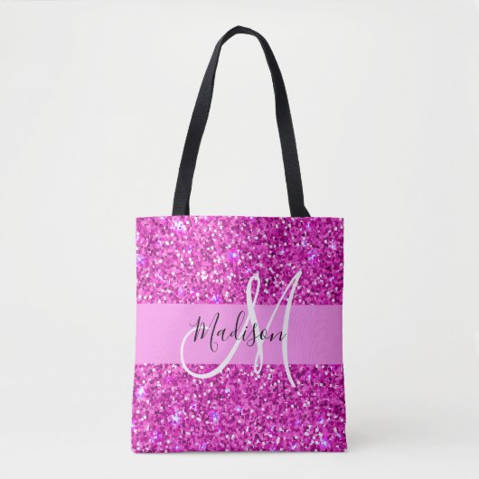 Glam Pink & Magenta Glitzer Sparkle Monogram Name Tasche (Vorderseite)