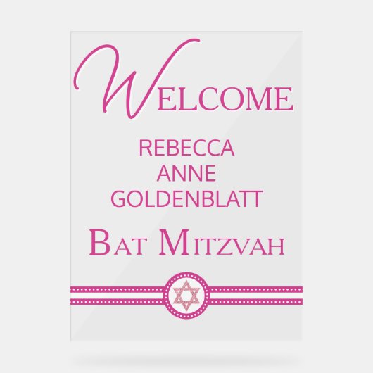Glam Pink Moderner Chic Bat Mitzvah Willkommen Acrylschild (Vorderseite)