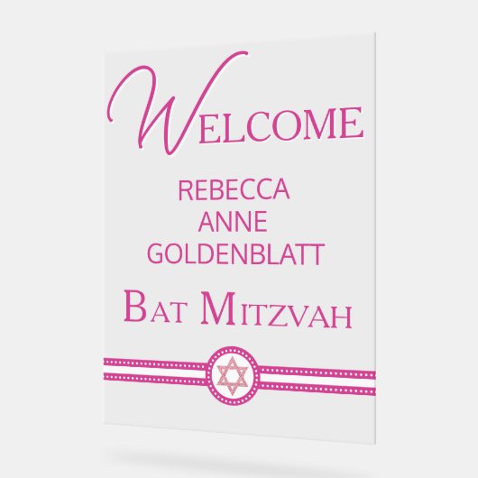 Glam Pink Moderner Chic Bat Mitzvah Willkommen Acrylschild (Winkel)