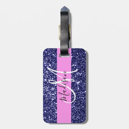 Glam Pink Navy Blue Glitzer Glitzern Name Monogram Gepäckanhänger (Rückseite vertikal)