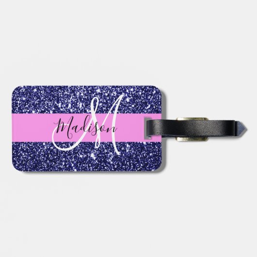Glam Pink Navy Blue Glitzer Glitzern Name Monogram Gepäckanhänger (Rückseite horizontal)
