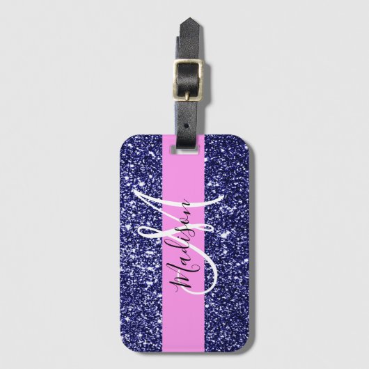 Glam Pink Navy Blue Glitzer Glitzern Name Monogram Gepäckanhänger (Vorderseite Vertikal)