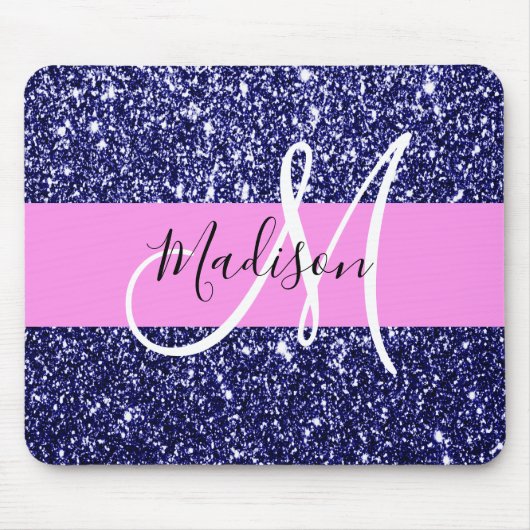 Glam Pink Navy Blue Glitzer Glitzern Name Monogram Mousepad (Vorne)