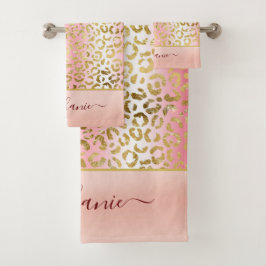 Glam Pink Ombre Gold Leopard Muster Personalisiert Badhandtuch Set