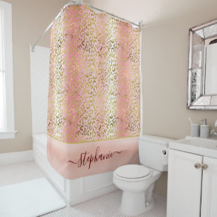 Glam Pink Ombre Gold Leopard Muster Personalisiert Duschvorhang
