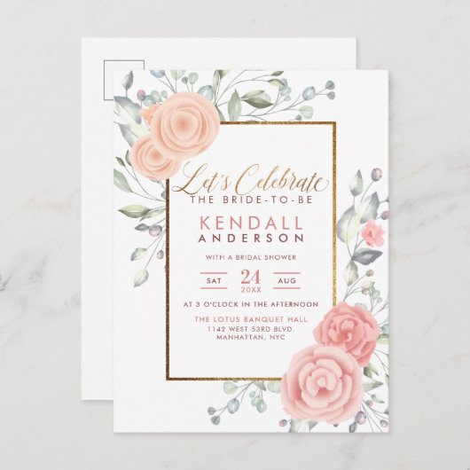 Glam Pink Painted Blume Frühjahr Brautparty Einladungspostkarte (Vorne/Hinten)