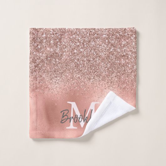 Glam Pink Rose Gold Glitzer Confetti Mit Monogramm Badhandtuch Set (Waschlappen)