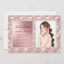 Glam Pink Rose Gold Quinceñera Foto Pearls Einladung