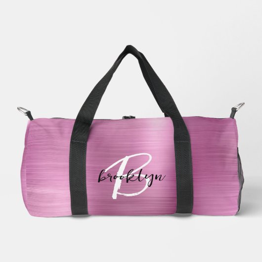 Glam Pink Schwarz-weiße Monogramm aus gebürstetem Duffle Bag (Vorderseite)